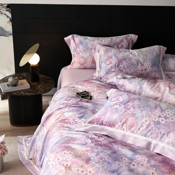 91家纺网 家纺一手货源 找家纺 （总）禾时 2025新款100S长绒棉数码印花双拼角四件套-自然逸梦 粉