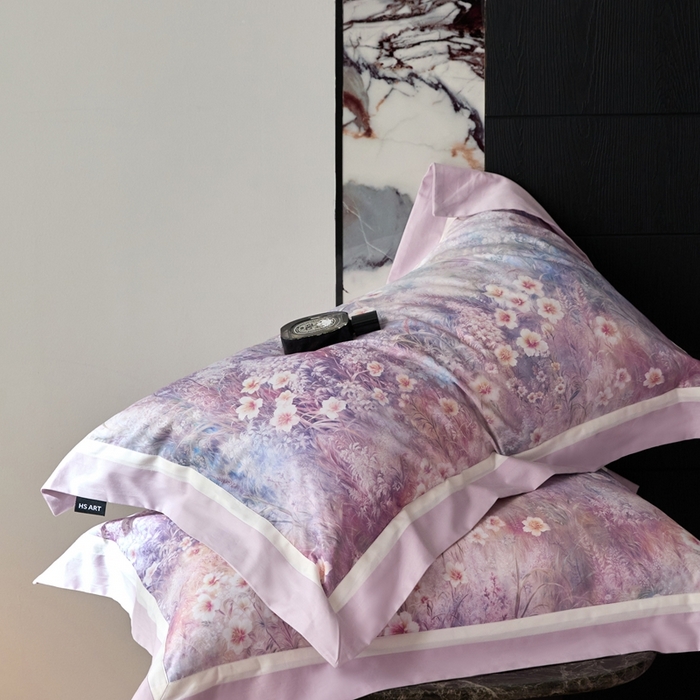 91家纺网 家纺一手货源 找家纺 （总）禾时 2025新款100S长绒棉数码印花双拼角四件套-自然逸梦 粉