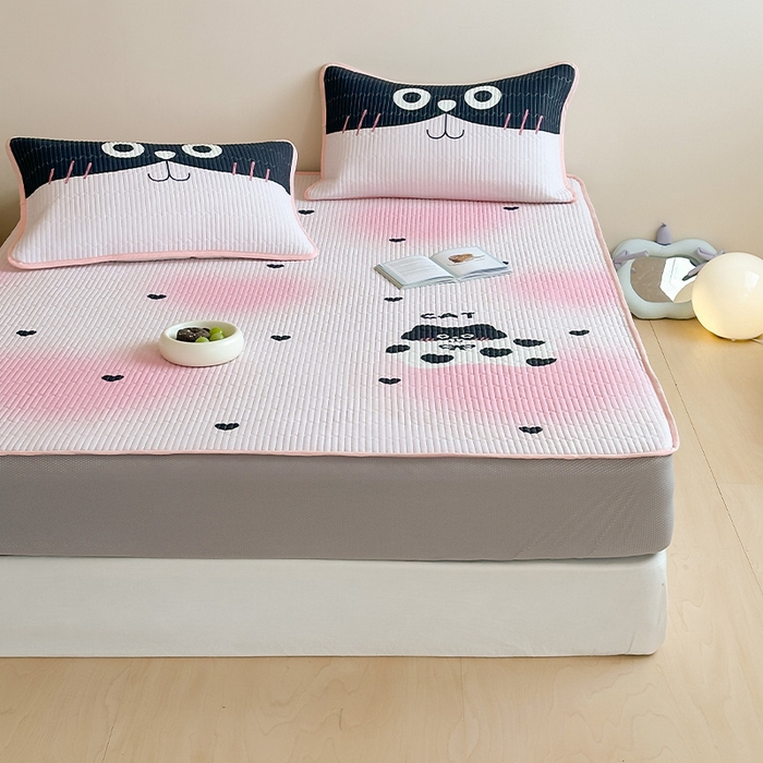 91家纺网 家纺一手货源 找家纺 RYB红黄兰 2025新款ins设计师原创大版小清新软凉席席子 爱心猫咪