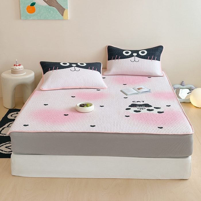 91家纺网 家纺一手货源 找家纺 RYB红黄兰 2025新款ins设计师原创大版小清新软凉席席子 爱心猫咪