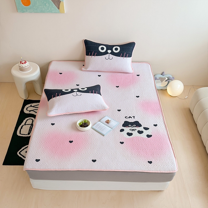 91家纺网 家纺一手货源 找家纺 RYB红黄兰 2025新款ins设计师原创大版小清新软凉席席子 爱心猫咪