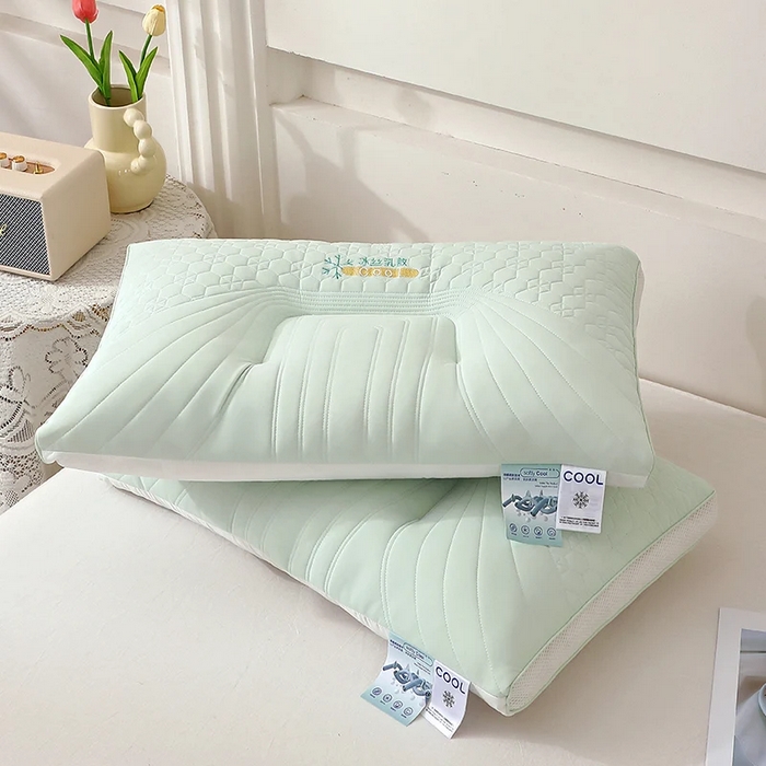 91家纺网 家纺一手货源 找家纺 雅晨枕芯 2025新款简约纯色冰丝乳胶枕枕头枕芯 浅绿-凉感雪花商务舱乳胶层枕 48*74cm/只