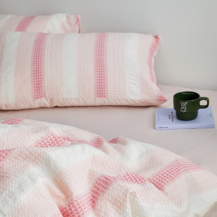 91家纺网 家纺一手货源 找家纺 怡家居 2025新款全棉纯棉提花华夫格渐变色四件套 极光渐变粉