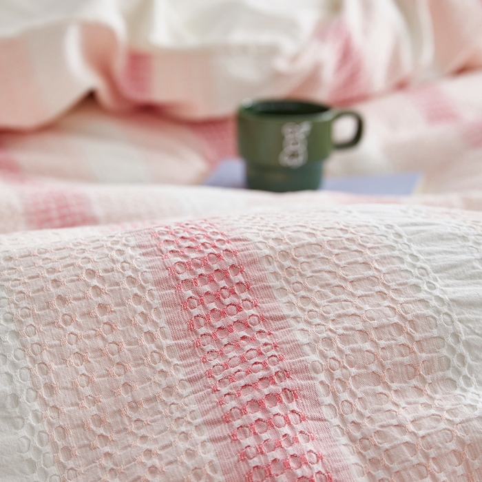 91家纺网 家纺一手货源 找家纺 怡家居 2025新款全棉纯棉提花华夫格渐变色四件套 极光渐变粉