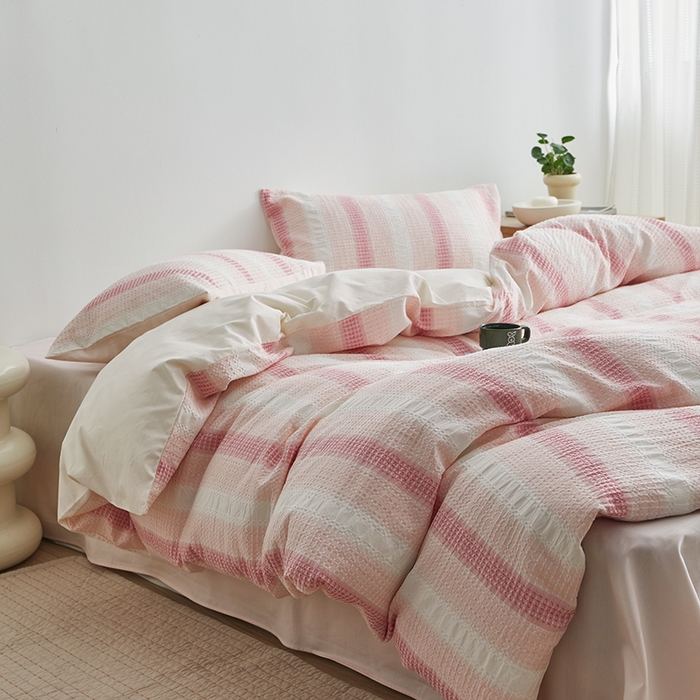91家纺网 家纺一手货源 找家纺 怡家居 2025新款全棉纯棉提花华夫格渐变色四件套 极光渐变粉