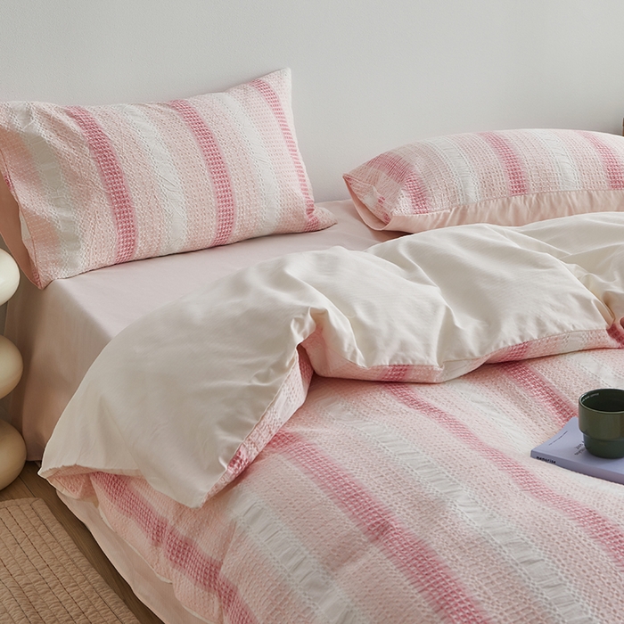 91家纺网 家纺一手货源 找家纺 怡家居 2025新款全棉纯棉提花华夫格渐变色四件套 极光渐变粉