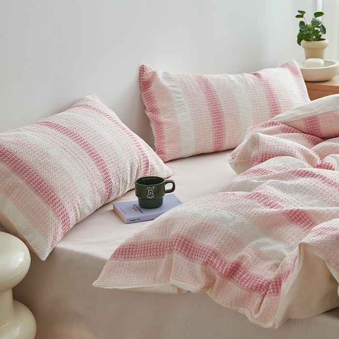 91家纺网 家纺一手货源 找家纺 怡家居 2025新款全棉纯棉提花华夫格渐变色四件套 极光渐变粉