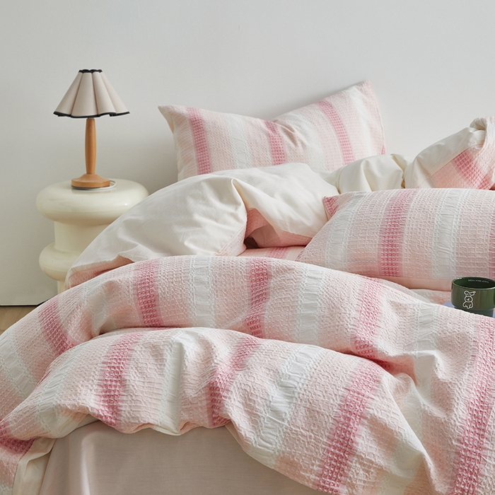 91家纺网 家纺一手货源 找家纺 怡家居 2025新款全棉纯棉提花华夫格渐变色四件套 极光渐变粉