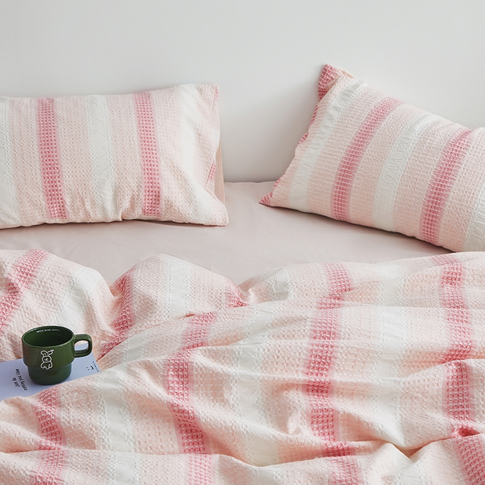 91家纺网 家纺一手货源 找家纺 怡家居 2025新款全棉纯棉提花华夫格渐变色四件套 极光渐变粉