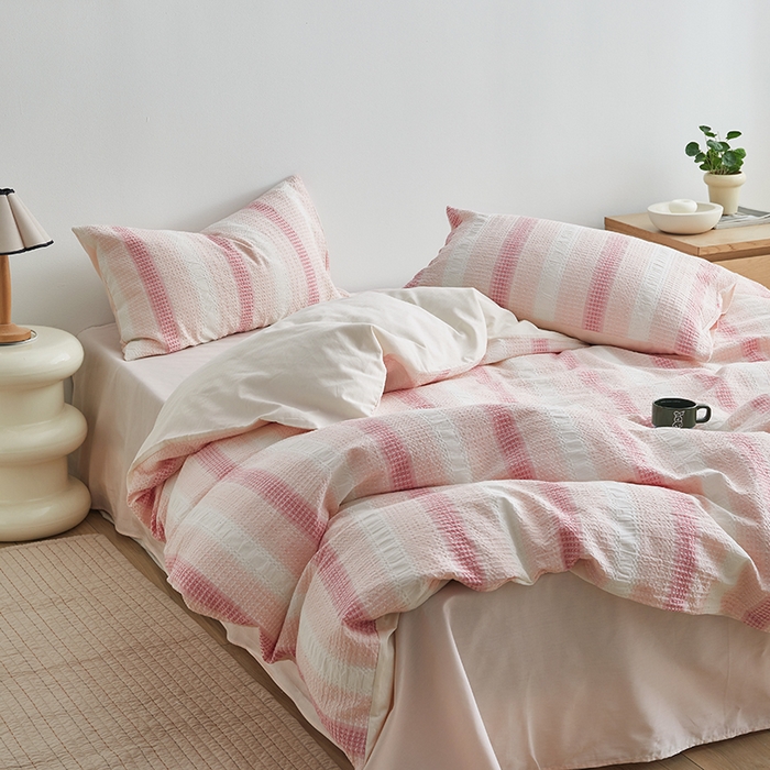 91家纺网 家纺一手货源 找家纺 怡家居 2025新款全棉纯棉提花华夫格渐变色四件套 极光渐变粉