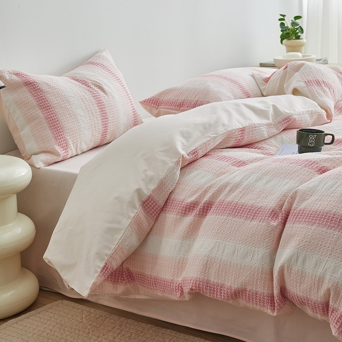 91家纺网 家纺一手货源 找家纺 怡家居 2025新款全棉纯棉提花华夫格渐变色四件套 极光渐变粉