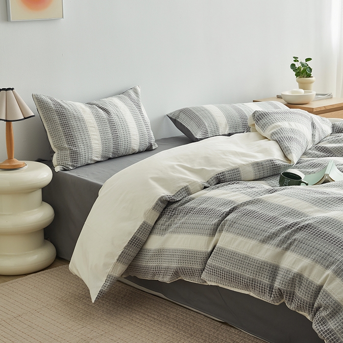 91家纺网 家纺一手货源 找家纺 怡家居 2025新款全棉纯棉提花华夫格渐变色四件套 极光渐变灰