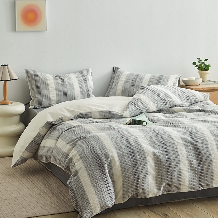 91家纺网 家纺一手货源 找家纺 怡家居 2025新款全棉纯棉提花华夫格渐变色四件套 极光渐变灰