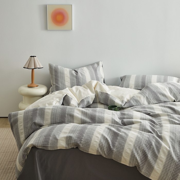 91家纺网 家纺一手货源 找家纺 怡家居 2025新款全棉纯棉提花华夫格渐变色四件套 极光渐变灰