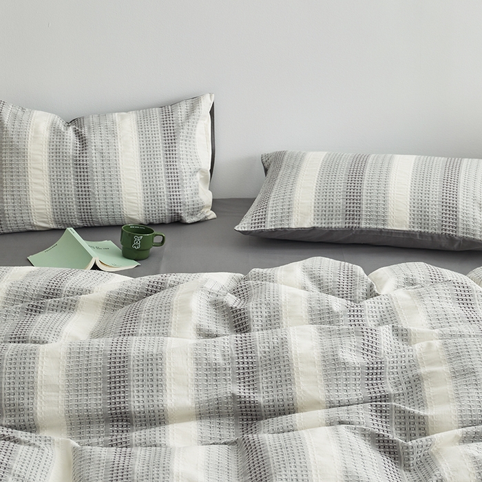 91家纺网 家纺一手货源 找家纺 怡家居 2025新款全棉纯棉提花华夫格渐变色四件套 极光渐变灰