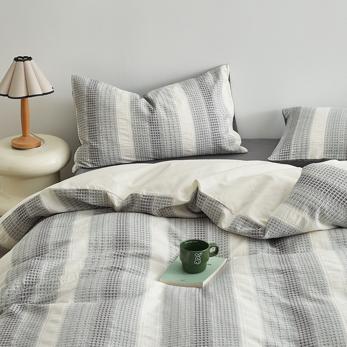 91家纺网 家纺一手货源 找家纺 怡家居 2025新款全棉纯棉提花华夫格渐变色四件套 极光渐变灰