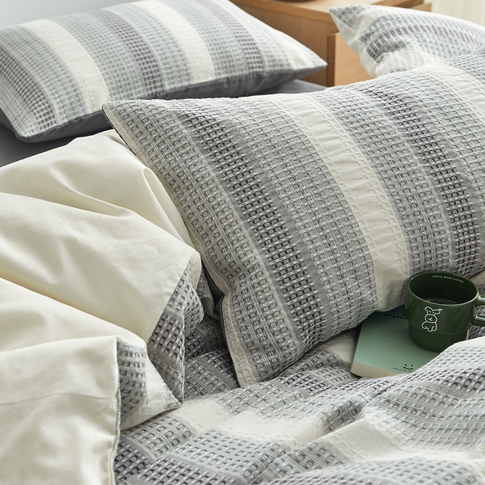 91家纺网 家纺一手货源 找家纺 怡家居 2025新款全棉纯棉提花华夫格渐变色四件套 极光渐变灰