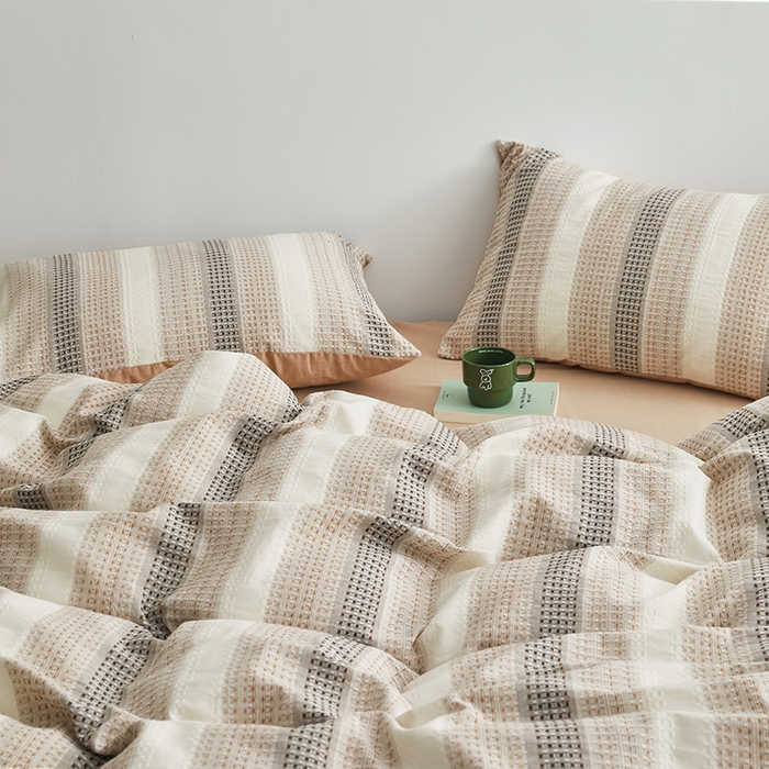 91家纺网 家纺一手货源 找家纺 怡家居 2025新款全棉纯棉提花华夫格渐变色四件套 极光渐变咖