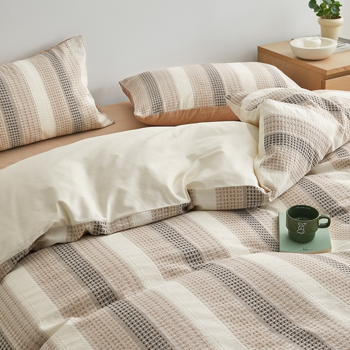 91家纺网 家纺一手货源 找家纺 怡家居 2025新款全棉纯棉提花华夫格渐变色四件套 极光渐变咖