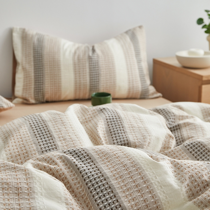 91家纺网 家纺一手货源 找家纺 怡家居 2025新款全棉纯棉提花华夫格渐变色四件套 极光渐变咖