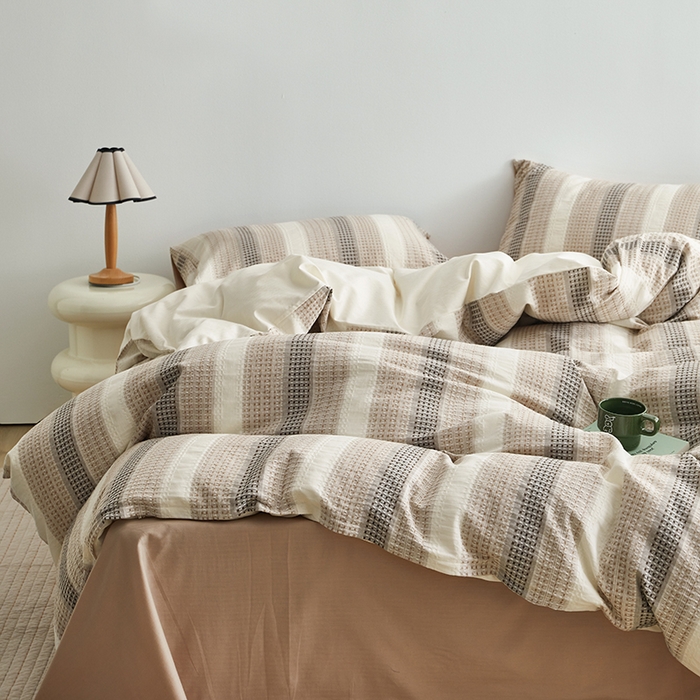 91家纺网 家纺一手货源 找家纺 怡家居 2025新款全棉纯棉提花华夫格渐变色四件套 极光渐变咖