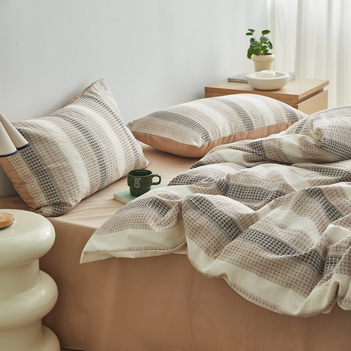 91家纺网 家纺一手货源 找家纺 怡家居 2025新款全棉纯棉提花华夫格渐变色四件套 极光渐变咖