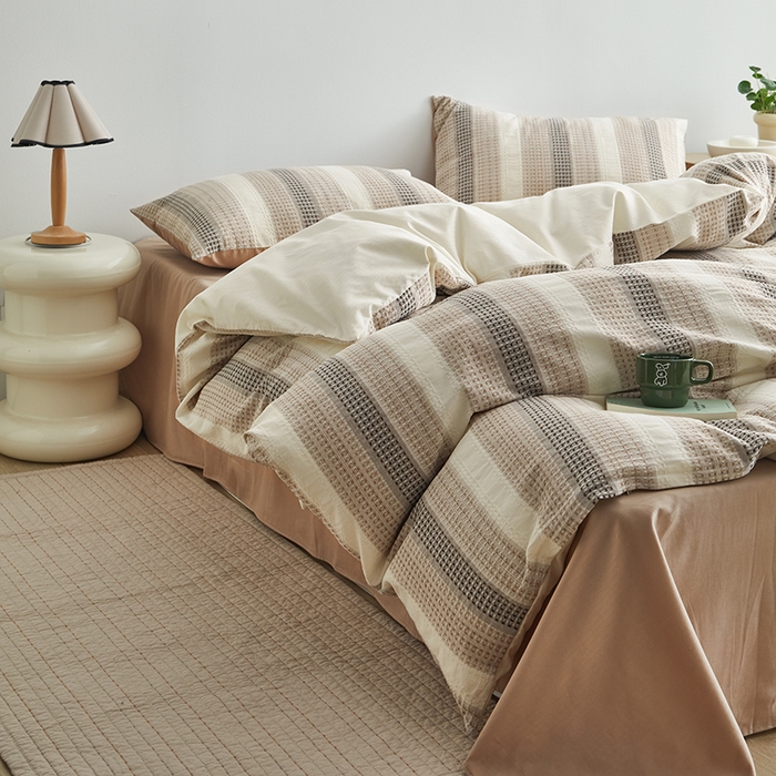 91家纺网 家纺一手货源 找家纺 怡家居 2025新款全棉纯棉提花华夫格渐变色四件套 极光渐变咖