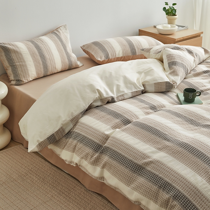 91家纺网 家纺一手货源 找家纺 怡家居 2025新款全棉纯棉提花华夫格渐变色四件套 极光渐变咖