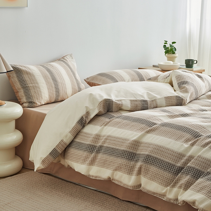 91家纺网 家纺一手货源 找家纺 怡家居 2025新款全棉纯棉提花华夫格渐变色四件套 极光渐变咖