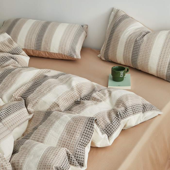 91家纺网 家纺一手货源 找家纺 怡家居 2025新款全棉纯棉提花华夫格渐变色四件套 极光渐变咖