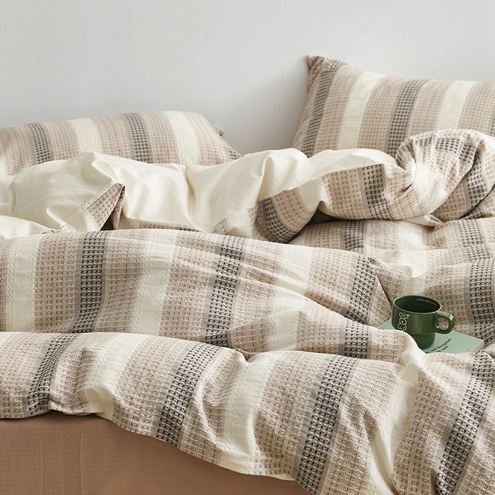 91家纺网 家纺一手货源 找家纺 怡家居 2025新款全棉纯棉提花华夫格渐变色四件套 极光渐变咖