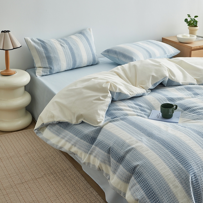 91家纺网 家纺一手货源 找家纺 怡家居 2025新款全棉纯棉提花华夫格渐变色四件套 极光渐变蓝