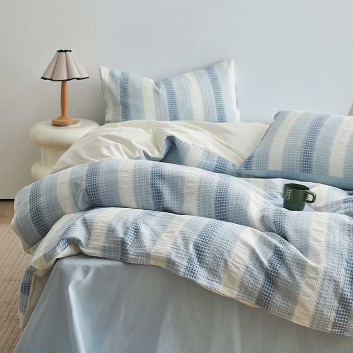 91家纺网 家纺一手货源 找家纺 怡家居 2025新款全棉纯棉提花华夫格渐变色四件套 极光渐变蓝