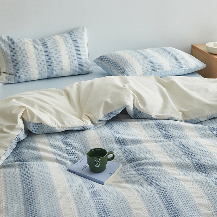 91家纺网 家纺一手货源 找家纺 怡家居 2025新款全棉纯棉提花华夫格渐变色四件套 极光渐变蓝