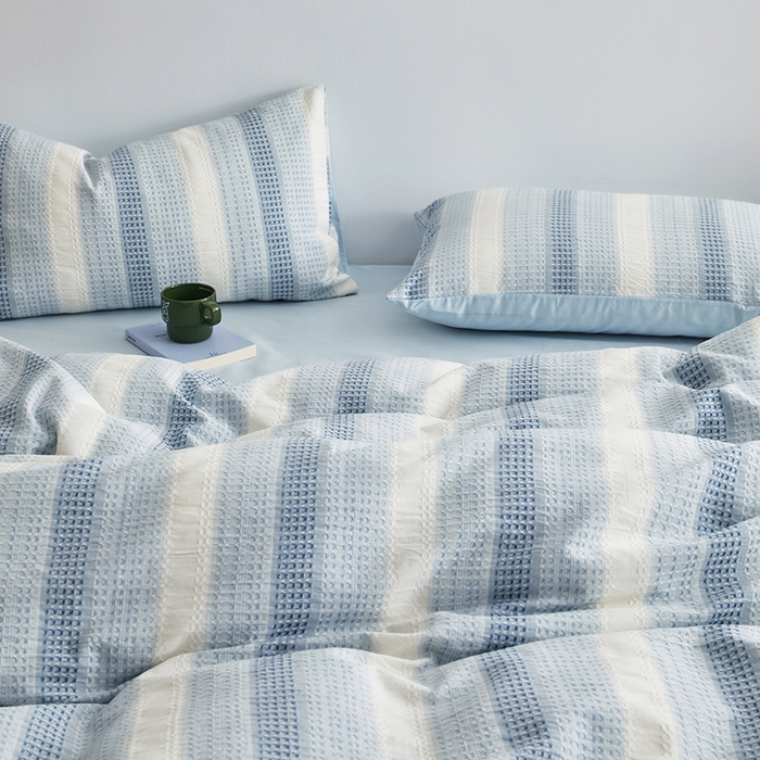 91家纺网 家纺一手货源 找家纺 怡家居 2025新款全棉纯棉提花华夫格渐变色四件套 极光渐变蓝