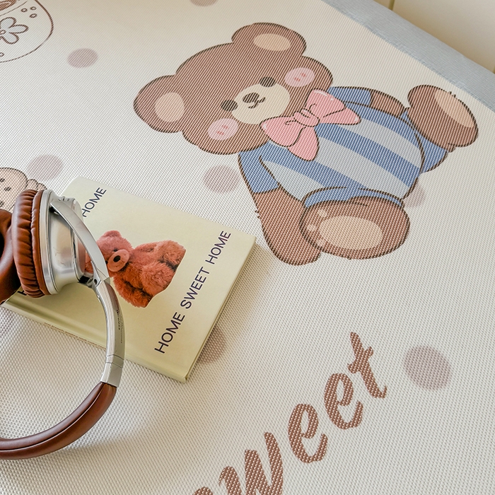 91家纺网 家纺一手货源 找家纺 安哆啦家纺 2025新款A类小清新卡通学生季宿舍床儿童用冰藤凉席席子两件套 冰藤席-蛋糕小熊