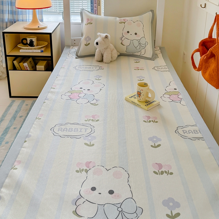 91家纺网 家纺一手货源 找家纺 安哆啦家纺 2025新款A类小清新卡通学生季宿舍床儿童用冰藤凉席席子两件套 冰藤席-花中兔