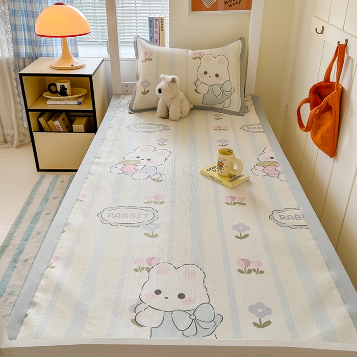 91家纺网 家纺一手货源 找家纺 安哆啦家纺 2025新款A类小清新卡通学生季宿舍床儿童用冰藤凉席席子两件套 冰藤席-花中兔