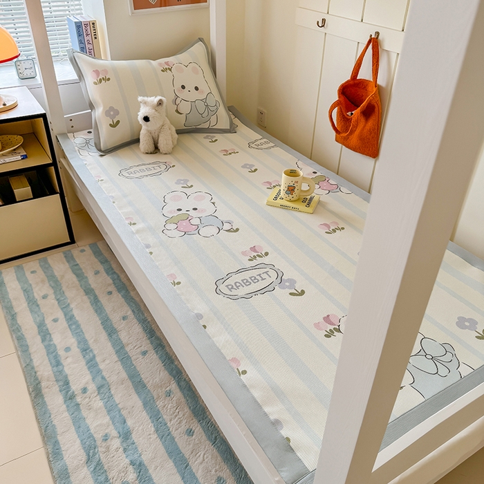 91家纺网 家纺一手货源 找家纺 安哆啦家纺 2025新款A类小清新卡通学生季宿舍床儿童用冰藤凉席席子两件套 冰藤席-花中兔