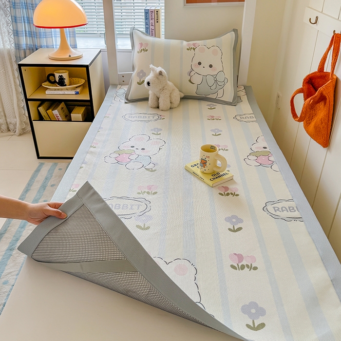 91家纺网 家纺一手货源 找家纺 安哆啦家纺 2025新款A类小清新卡通学生季宿舍床儿童用冰藤凉席席子两件套 冰藤席-花中兔