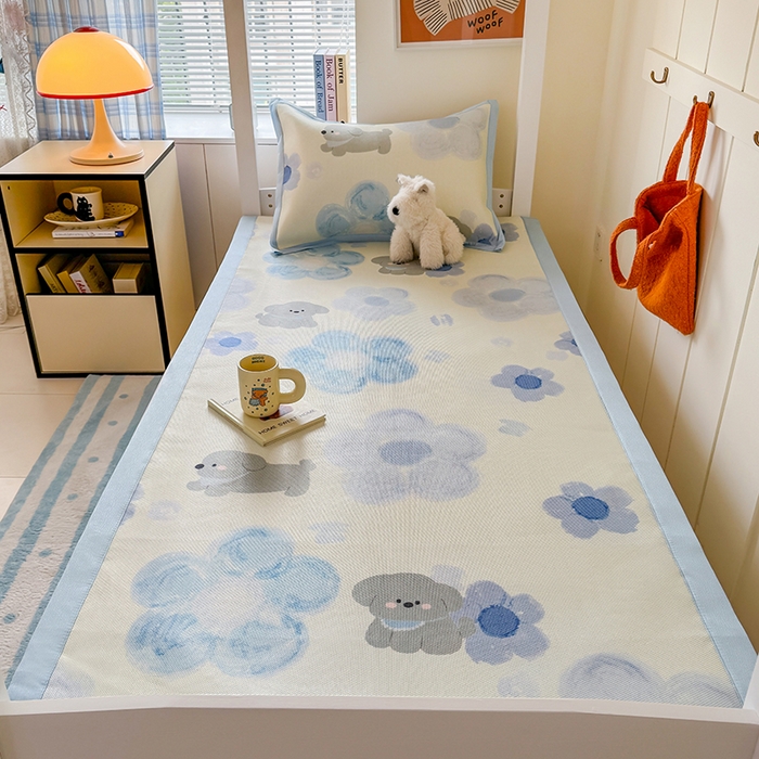 91家纺网 家纺一手货源 找家纺 安哆啦家纺 2025新款A类小清新卡通学生季宿舍床儿童用冰藤凉席席子两件套 冰藤席-蓝花小狗