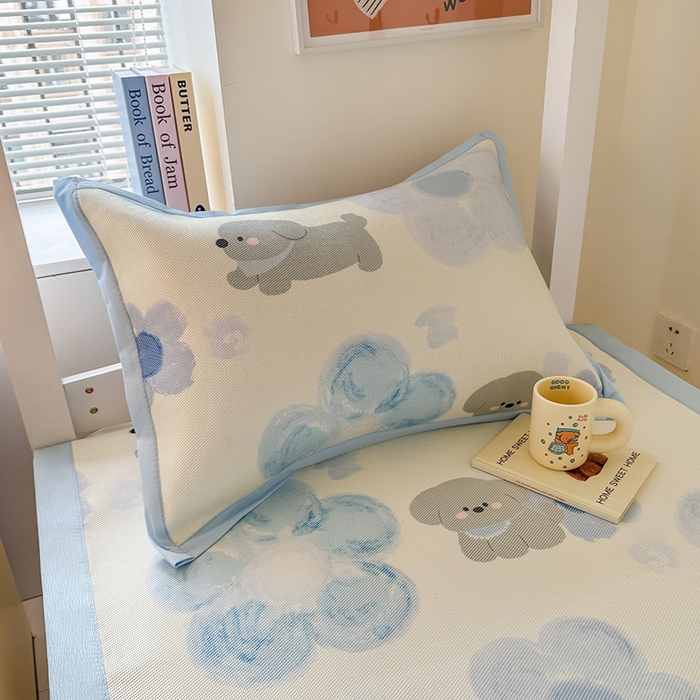 91家纺网 家纺一手货源 找家纺 安哆啦家纺 2025新款A类小清新卡通学生季宿舍床儿童用冰藤凉席席子两件套 冰藤席-蓝花小狗