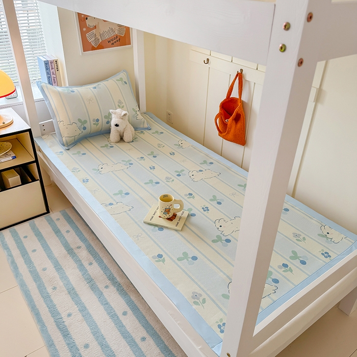 91家纺网 家纺一手货源 找家纺 安哆啦家纺 2025新款A类小清新卡通学生季宿舍床儿童用冰藤凉席席子两件套 冰藤席-蓝条兔
