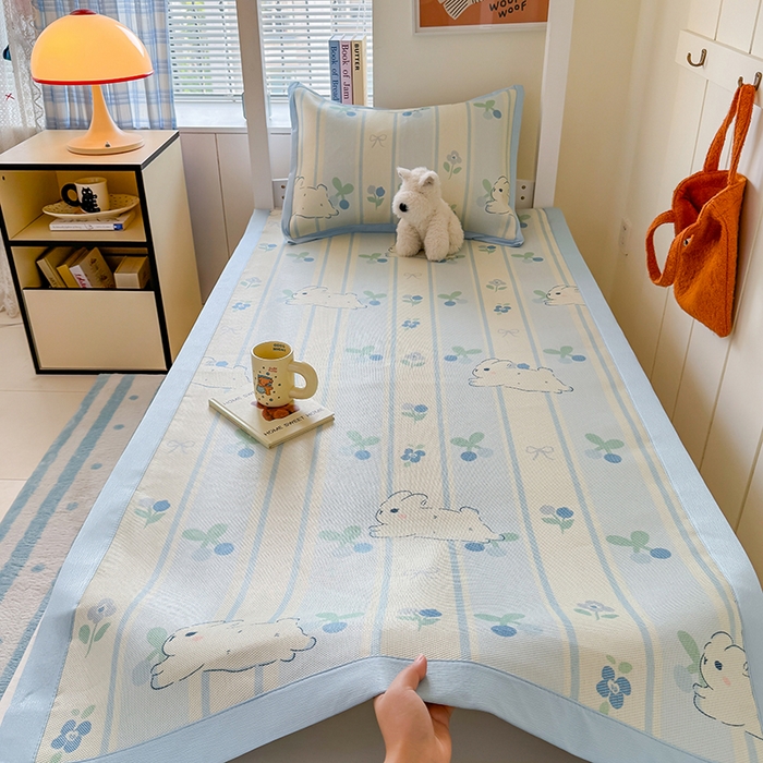 91家纺网 家纺一手货源 找家纺 安哆啦家纺 2025新款A类小清新卡通学生季宿舍床儿童用冰藤凉席席子两件套 冰藤席-蓝条兔
