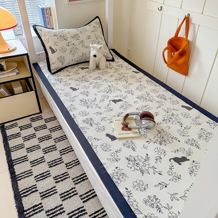 91家纺网 家纺一手货源 找家纺 安哆啦家纺 2025新款A类小清新卡通学生季宿舍床儿童用冰藤凉席席子两件套 冰藤席-猫先生