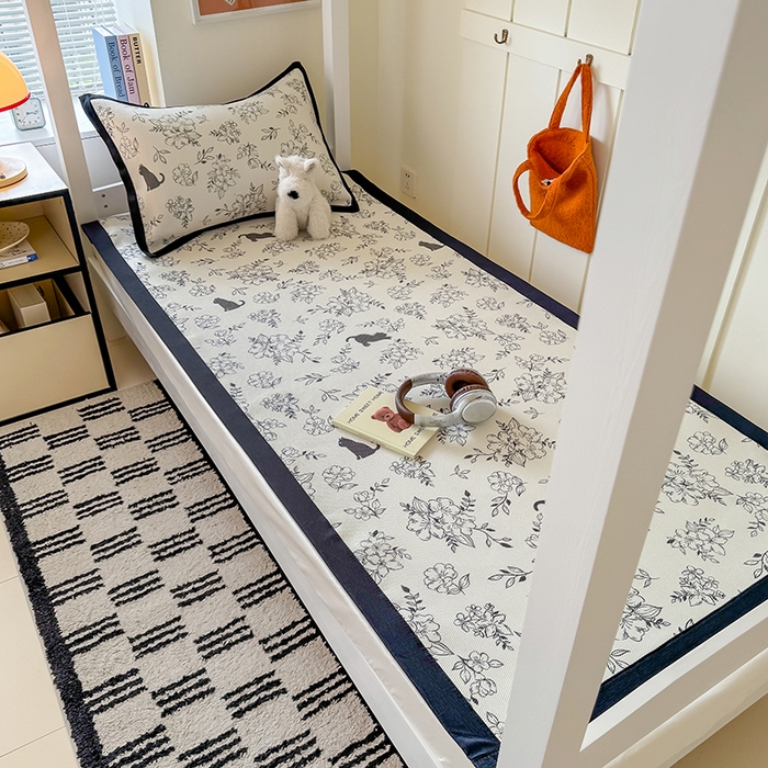 91家纺网 家纺一手货源 找家纺 安哆啦家纺 2025新款A类小清新卡通学生季宿舍床儿童用冰藤凉席席子两件套 冰藤席-猫先生