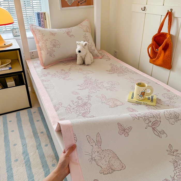 安哆啦家纺 2025新款A类小清新卡通学生季宿舍床儿童用冰藤凉席席子两件套 冰藤席-免小姐的花