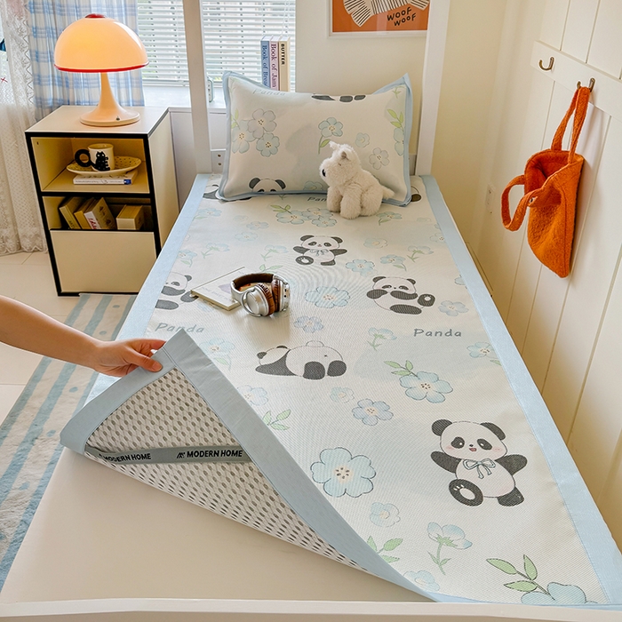 91家纺网 家纺一手货源 找家纺 安哆啦家纺 2025新款A类小清新卡通学生季宿舍床儿童用冰藤凉席席子两件套 冰藤席-熊猫团团