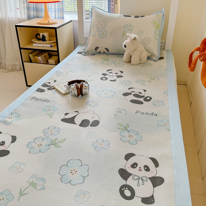 91家纺网 家纺一手货源 找家纺 安哆啦家纺 2025新款A类小清新卡通学生季宿舍床儿童用冰藤凉席席子两件套 冰藤席-熊猫团团