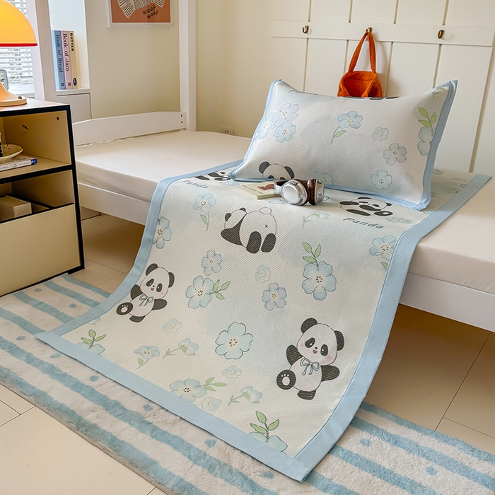 91家纺网 家纺一手货源 找家纺 安哆啦家纺 2025新款A类小清新卡通学生季宿舍床儿童用冰藤凉席席子两件套 冰藤席-熊猫团团